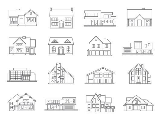 House and real estate building icons flat outline set isolated vector illustration