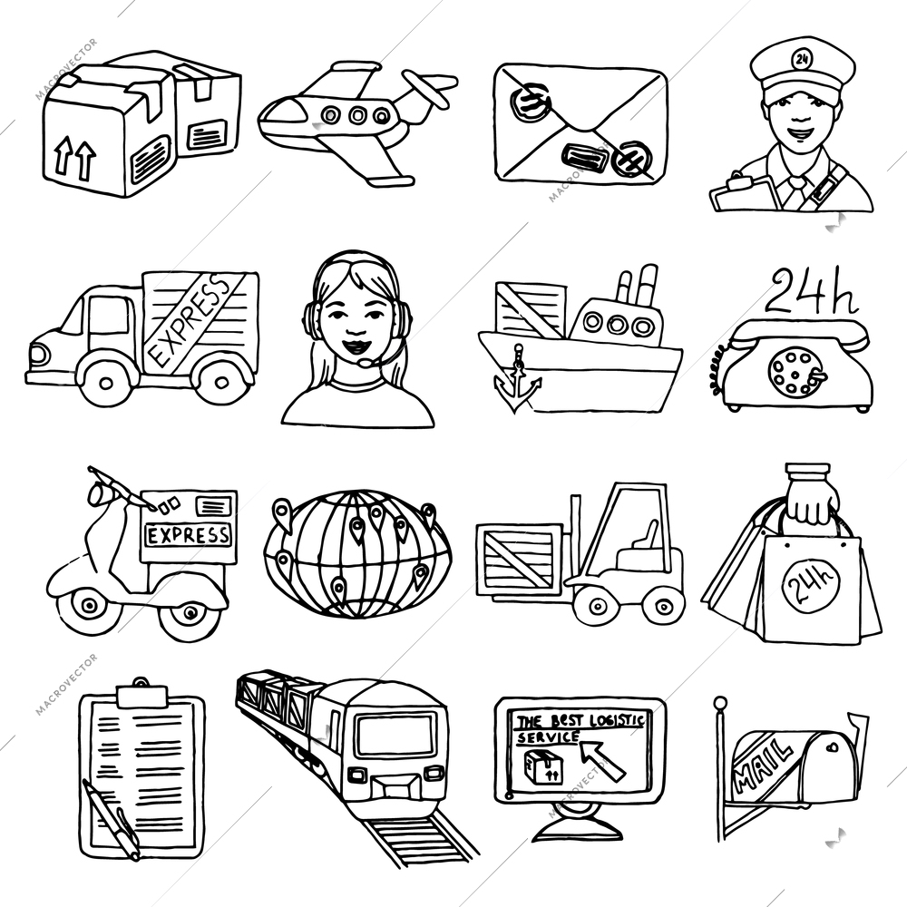 Logistic delivery transportation cargo container sketch decorative icons set isolated vector illustration