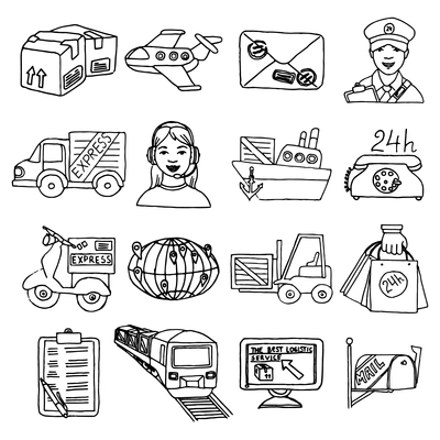 Logistic delivery transportation cargo container sketch decorative icons set isolated vector illustration