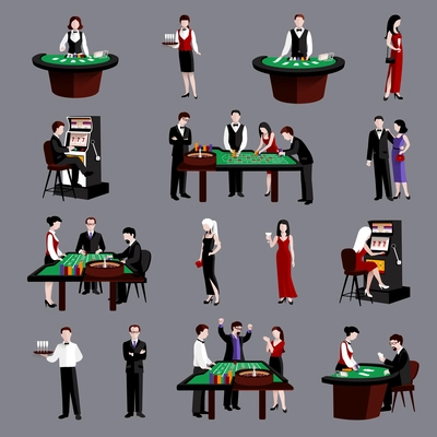 Young attractive people in casino gambling flat icons set isolated vector illustration