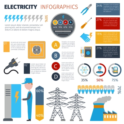 Electricity infographics set with energy and power generation symbols and charts vector illustration