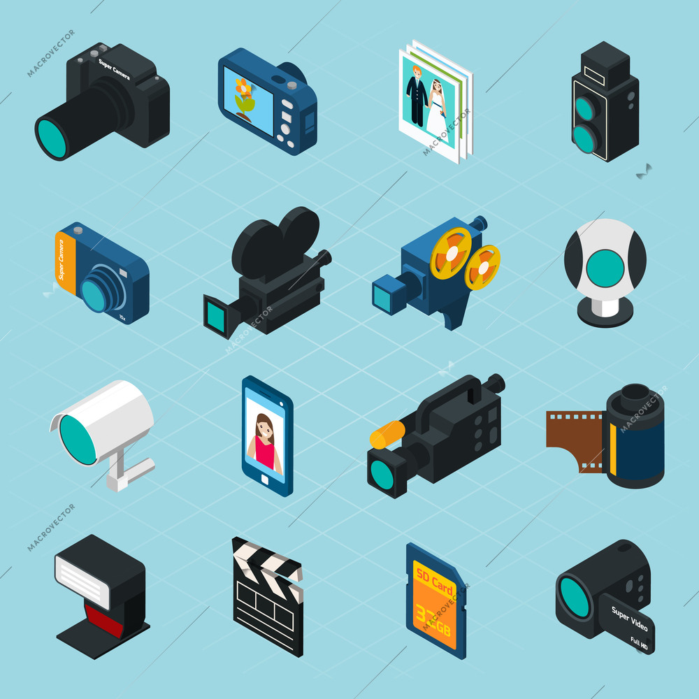 Isometric photo and video icons set with professional camera and equipment isolated vector illustration