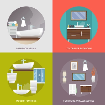 Bathroom furniture design concept set with modern plumbing and accessories flat icons isolated vector illustration