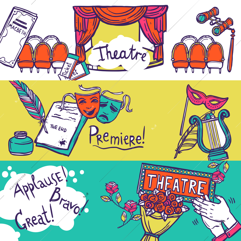 Theatre stage performance horizontal banner set with hand drawn elements vector illustration