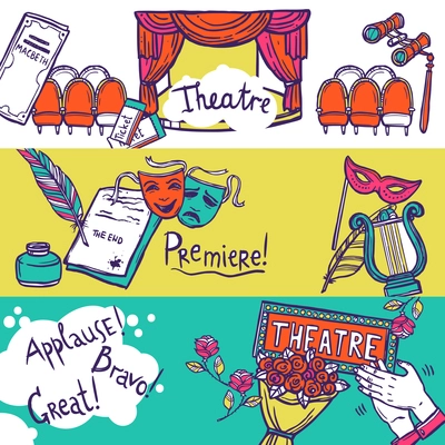 Theatre stage performance horizontal banner set with hand drawn elements vector illustration