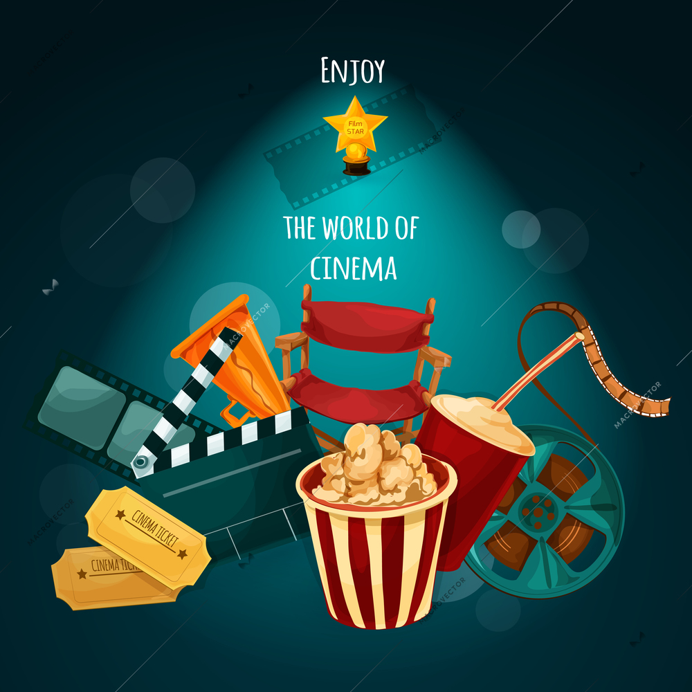 Cinema background with film director chair actor award movie tickets cartoon vector illustration