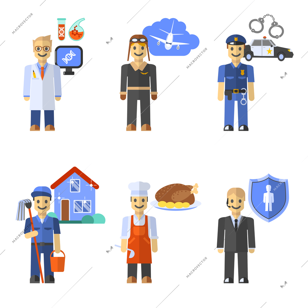 Profession set with scientist pilot policeman characters isolated vector illustration