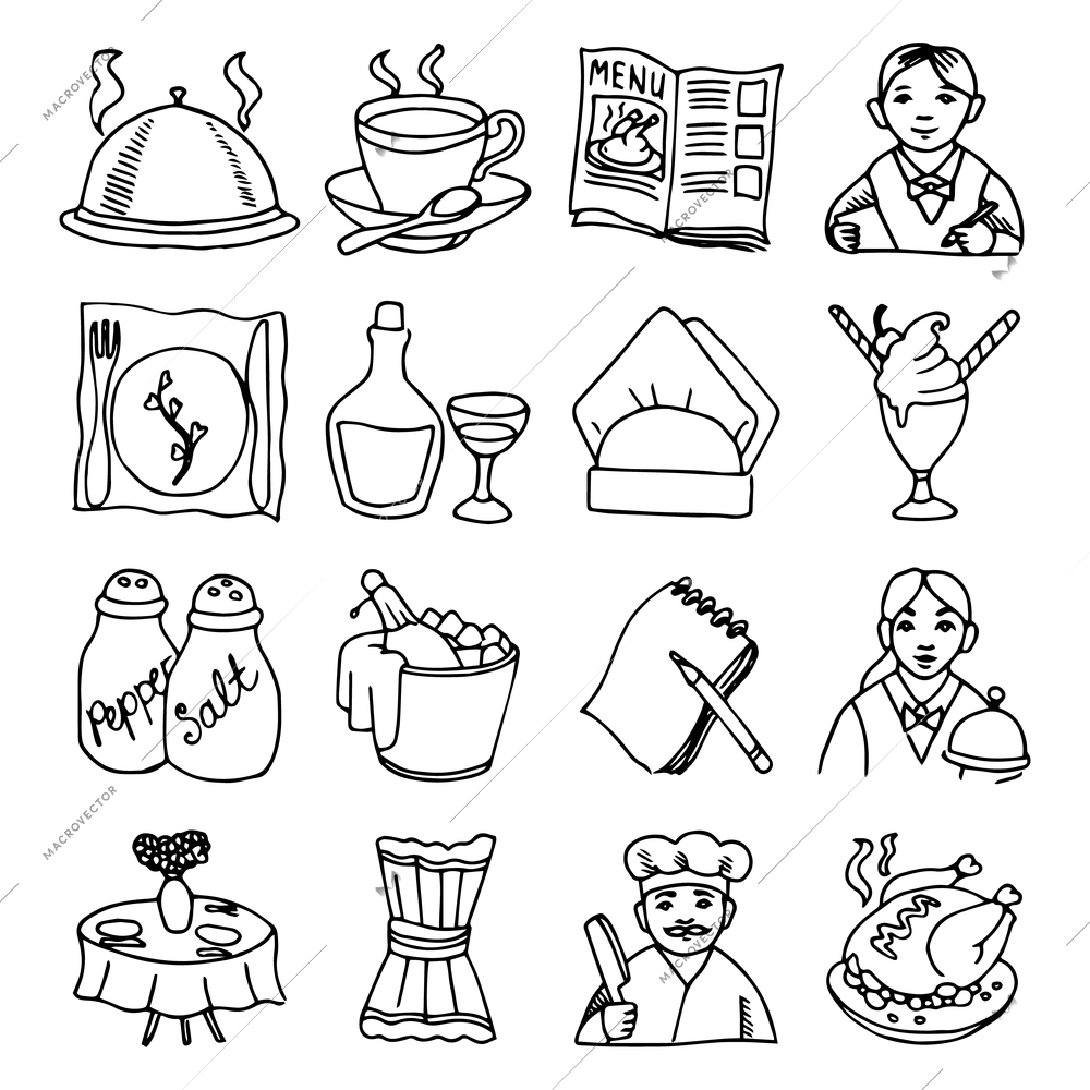 Bar restaurant dishes menu black outline sketch icons collection with wine bottle and chicken abstract vector illustration