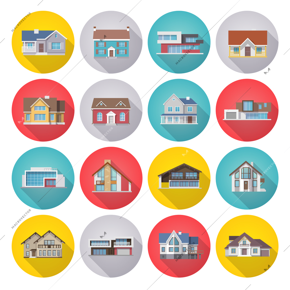 Town houses icons flat long shadow set isolated vector illustration