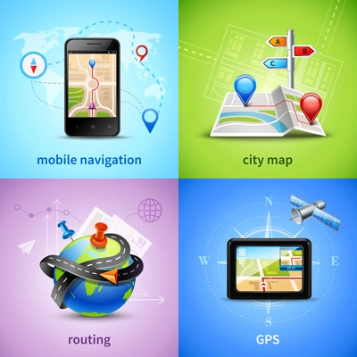 Navigation design concept set with gps routing city map icons isolated vector illustration