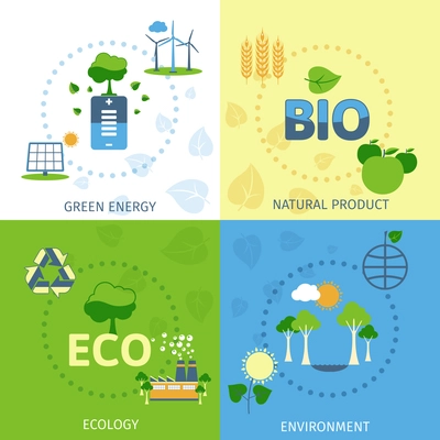 Save planet green ecological energy environment natural bio product power 4 flat icons composition abstract vector illustration