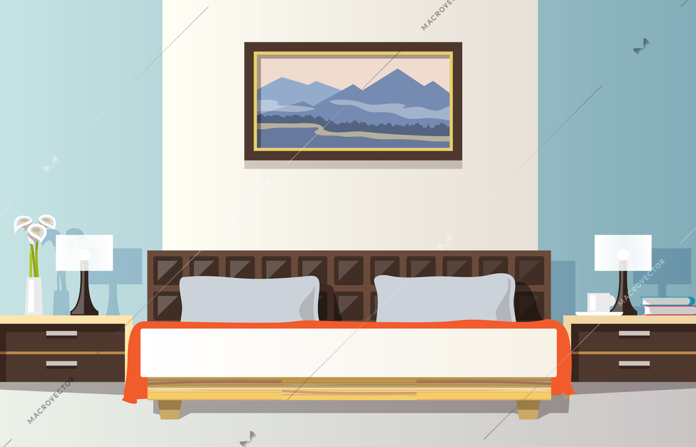 Bedroom interior with flat bed and picture frame vector illustration