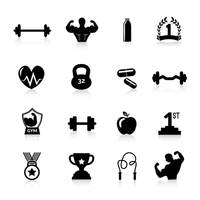 Bodybuilding sport and fitness training workout icons black set isolated vector illustration