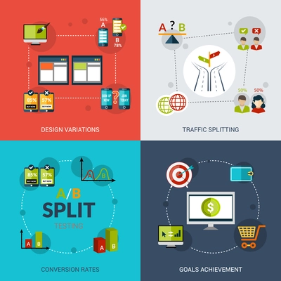 A-b testing design concept set with design variations traffic splitting conversion rates goals achievement flat icons isolated vector illustration