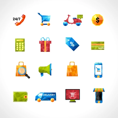 E-commerce online shopping and delivery polygonal icons set isolated vector illustration