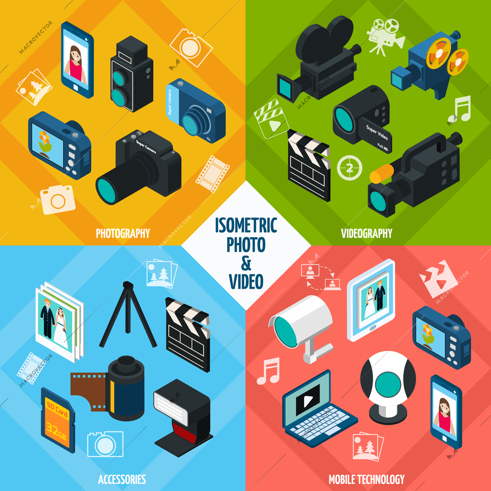 Isometric photo and video design concept set with photography and videography 3d icons isolated vector illustration