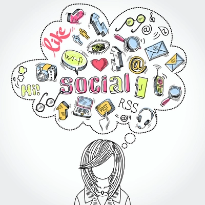 Doodle blog social media communication dreams and thoughts with woman silhouette vector illustration