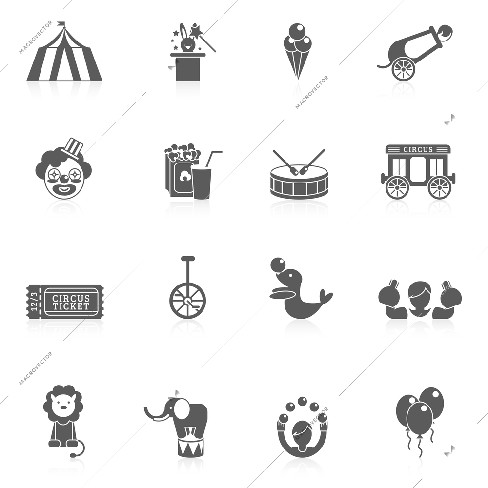 Circus icon black set with balloon sealion and elephant animals isolated vector illustration