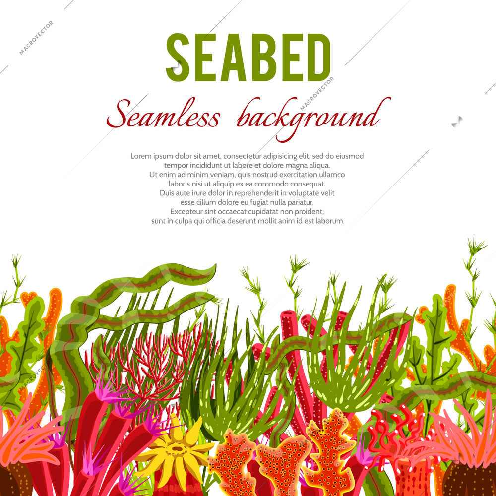 Seabed background with corals and seaweed seamless border vector illustration