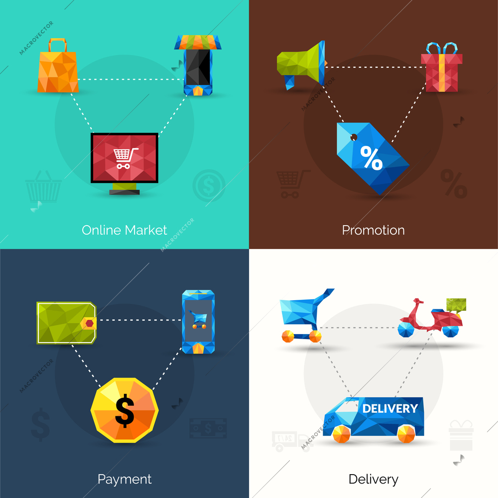 E-commerce design concept set with online market promotion payment delivery polygonal icons isolated vector illustration