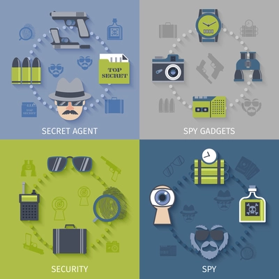 Intelligence secret agent security gadgets 4 flat icons composition with spy sunglasses camera abstract isolated vector illustration