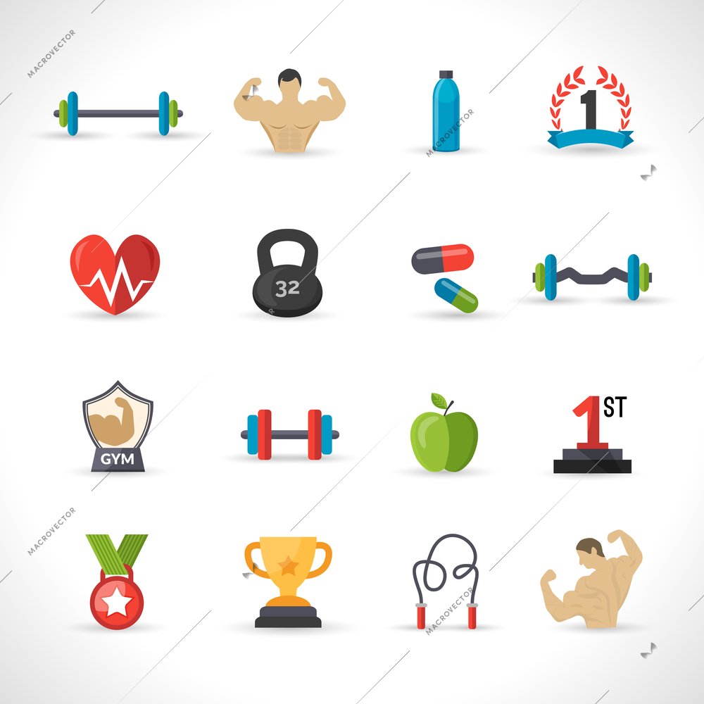 Bodybuilding icons flat set with barbell bodybuilder iron isolated vector illustration