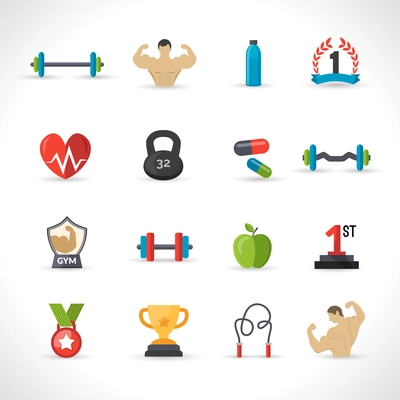 Bodybuilding icons flat set with barbell bodybuilder iron isolated vector illustration