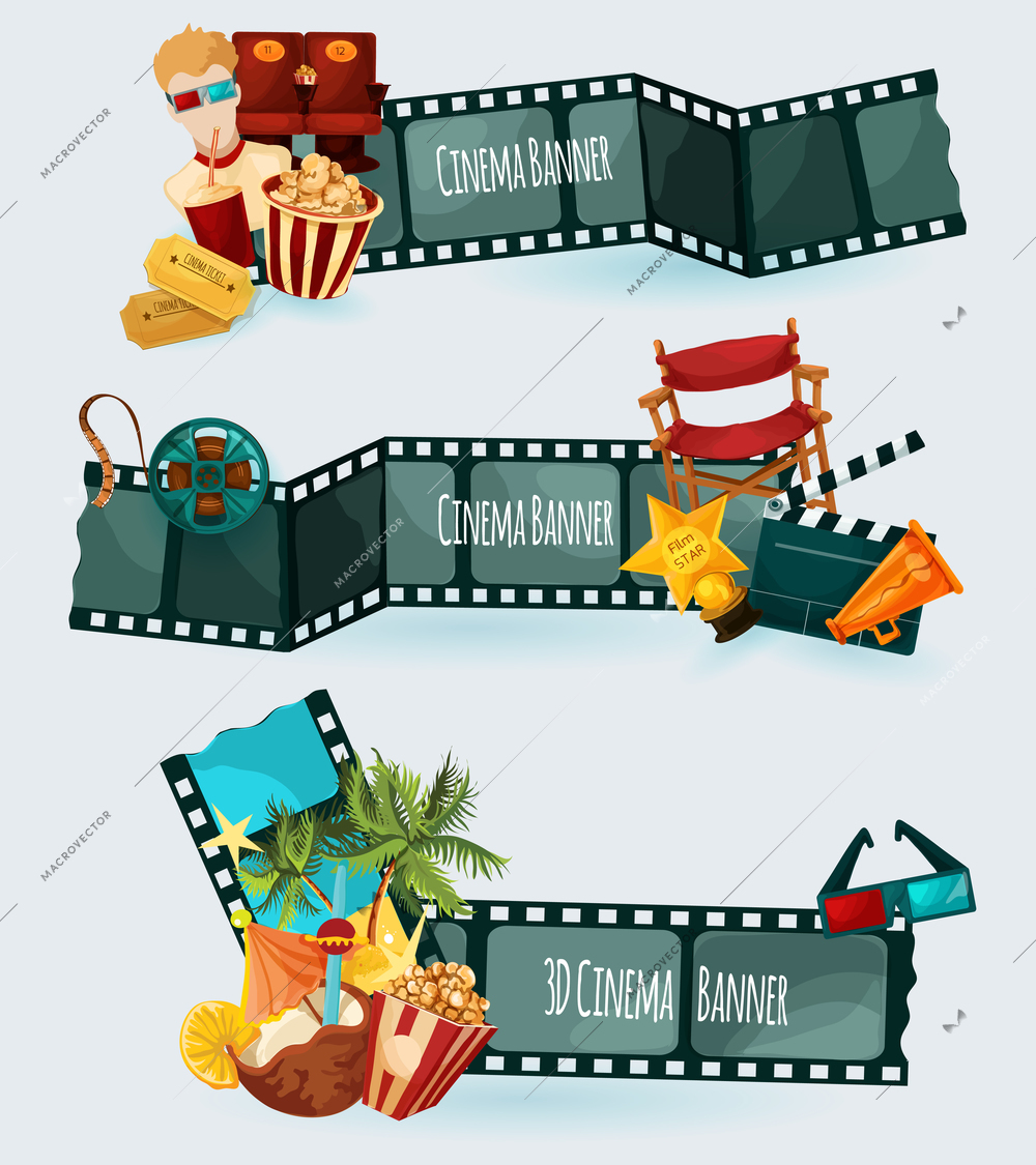 Cinema banners set with cartoon film elements isolated vector illustration