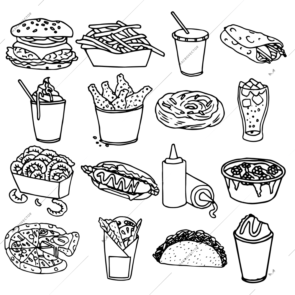 Fast food menu icons set with hamburger chips hotdog black outline symbols emblems sketch isolated vector illustration