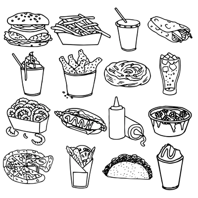 Fast food menu icons set with hamburger chips hotdog black outline symbols emblems sketch isolated vector illustration