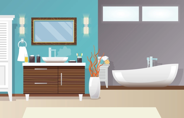 Modern bathroom interior with furniture and hygiene accessories flat vector illustration