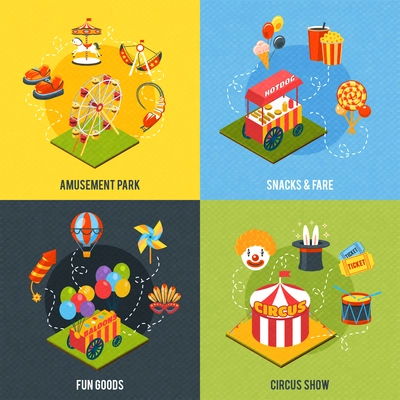 Carnival design concept with amusement park and circus show isometric icons isolated vector illustration