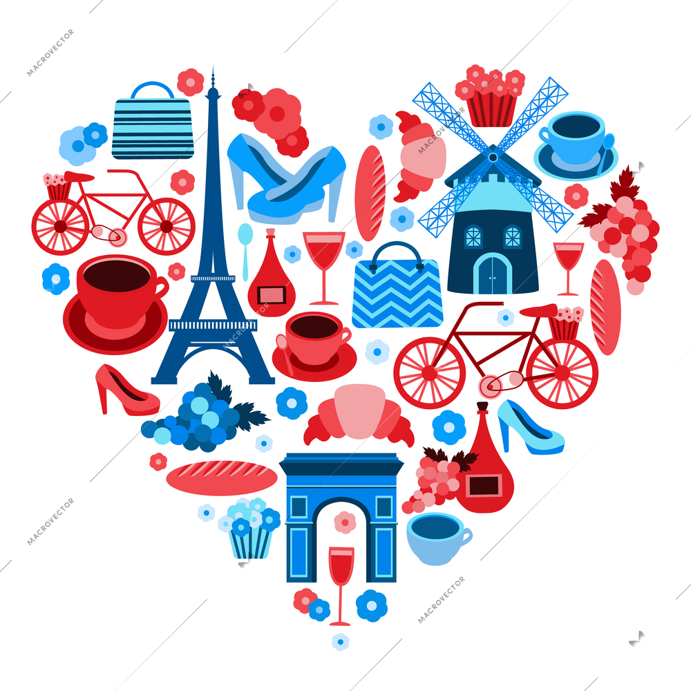 Love Paris heart symbol with icons set isolated vector illustration