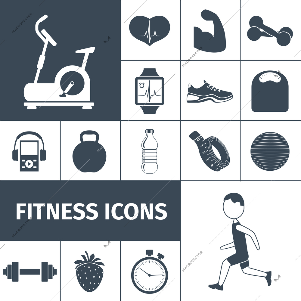 Fitness workout equipment and healthy life style activities and accessories black icons set  abstract isolated vector illustration
