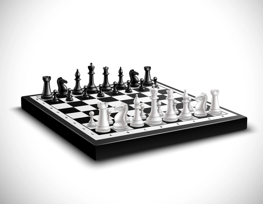 Realistic chess board with 3d black and white figures set vector illustration