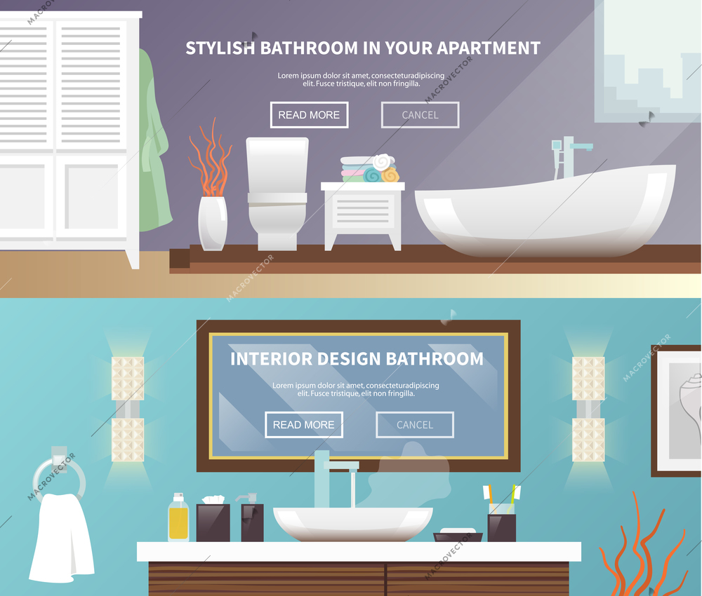 Bathroom furniture horizontal banner set with stylish apartment interior flat elements isolated vector illustration