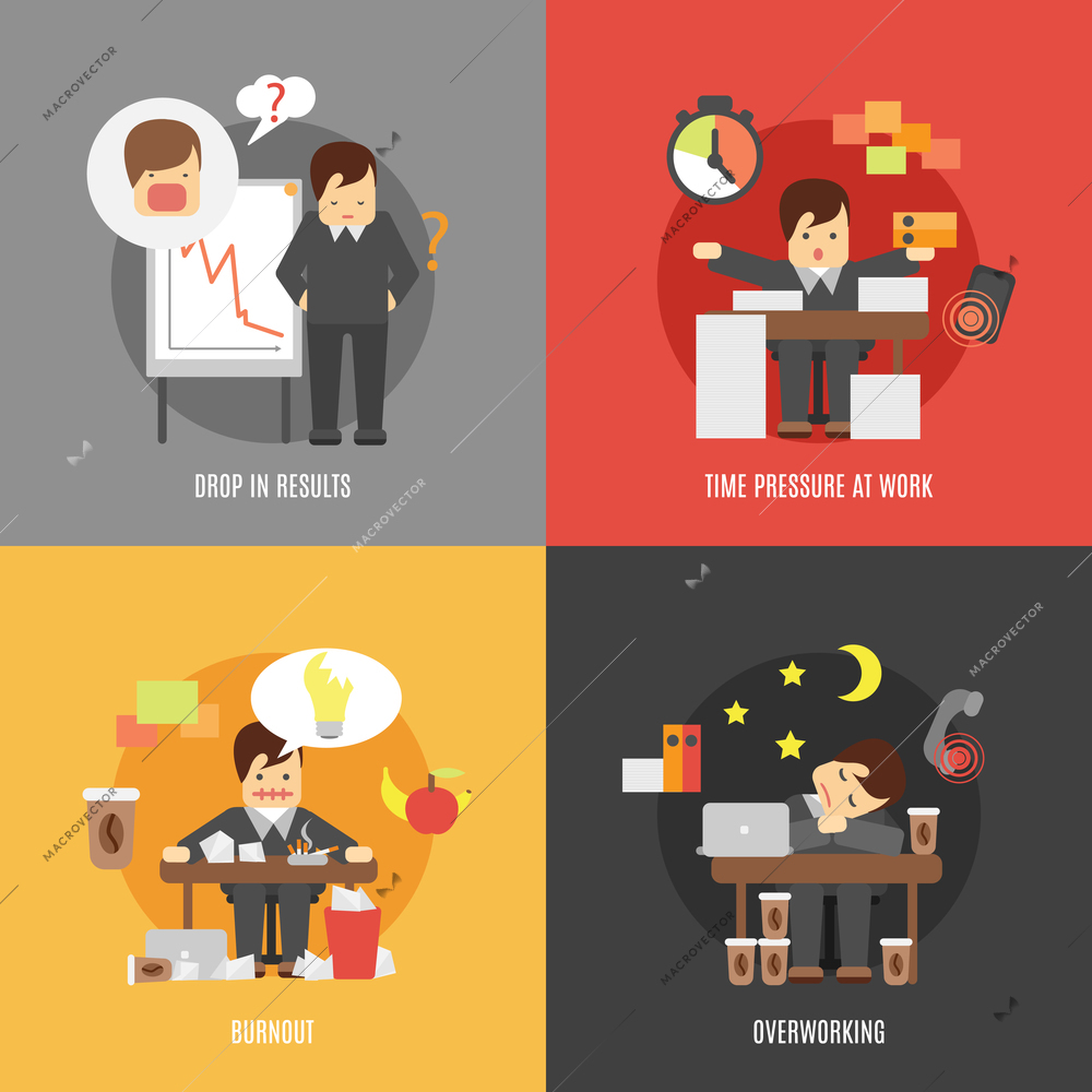 Deadline stress at work 4 flat icons composition of results drop burnout and overworking abstract vector illustration