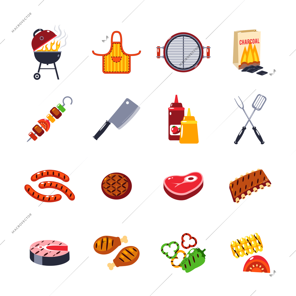 Barbecue and grill icon set with beef and fish steak and kitchen tools isolated vector illustration