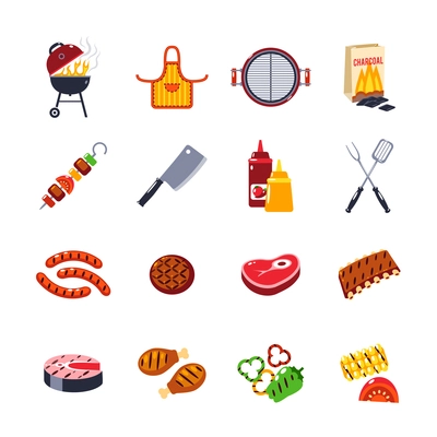 Barbecue and grill icon set with beef and fish steak and kitchen tools isolated vector illustration