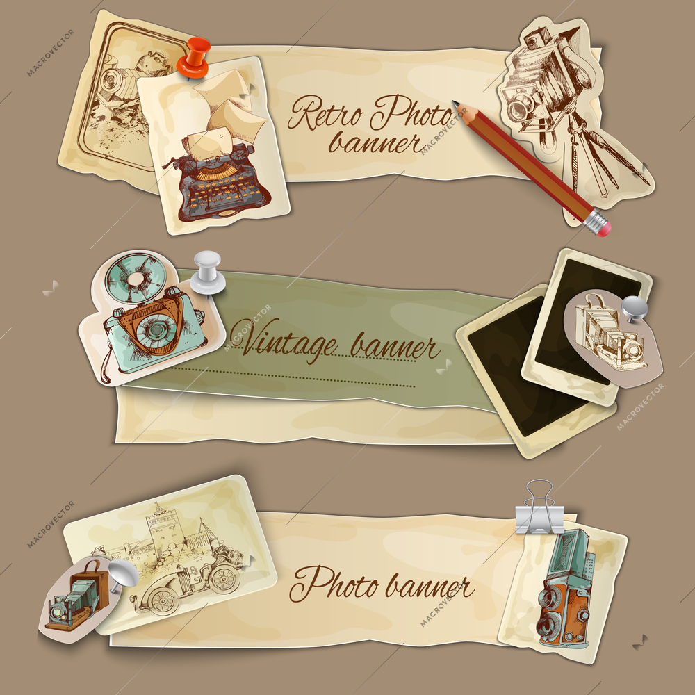 Paper photo banners set with retro photography camera and cards isolated vector illustration