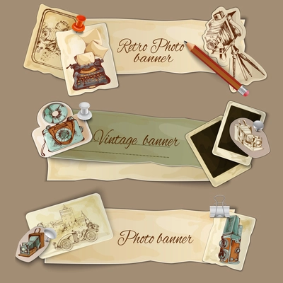 Paper photo banners set with retro photography camera and cards isolated vector illustration