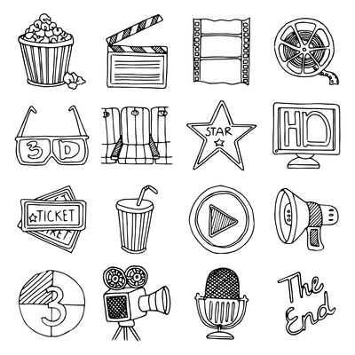 Retro cinema festival and movie theater black icons set 3d glasses and tickets abstract isolated vector illustration