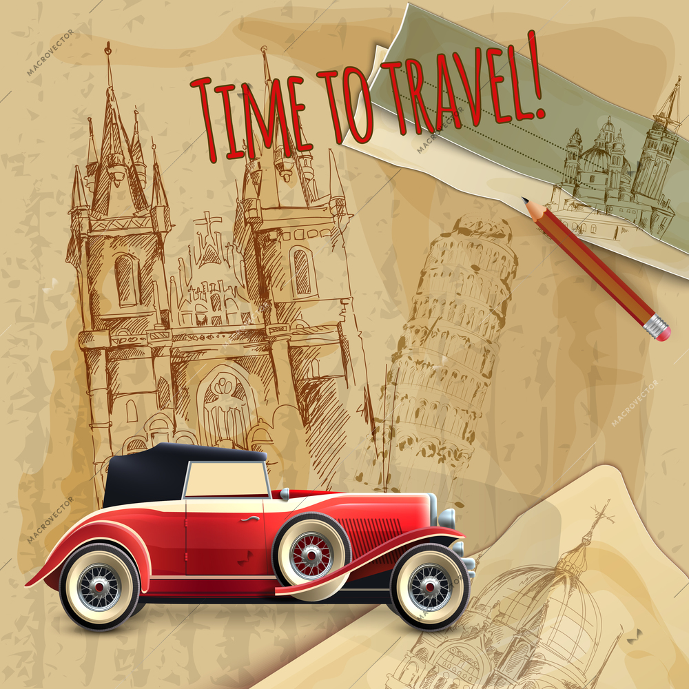 Europe time to travel tagline with classic car on architecture background vintage poster vector illustration