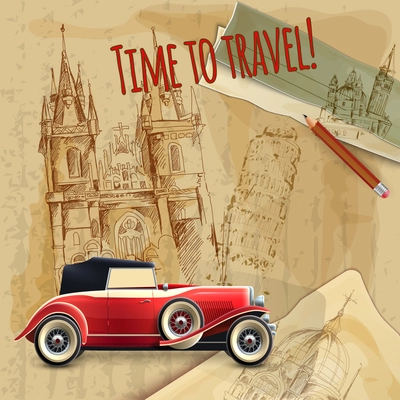 Europe time to travel tagline with classic car on architecture background vintage poster vector illustration