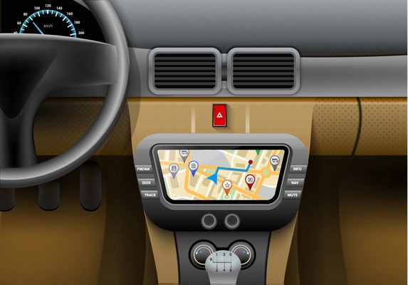 Realistic car interior with auto navigation system and gps map vector illustration