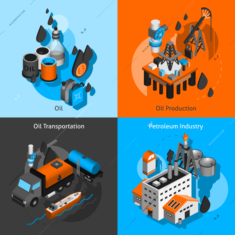 Petroleum industry design concept set with oil production transportation isometric icons isolated vector illustration