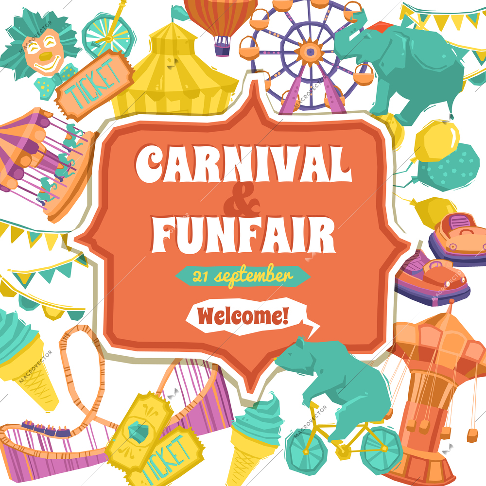 Fun fair traveling circus and carnival promo poster vector illustration