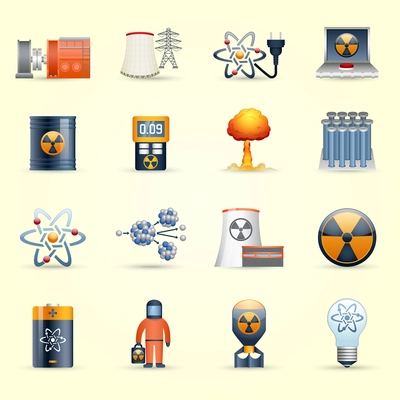 Managing radioactive waste by nuclear power production icons set on yellow back ground abstract isolated vector illustration