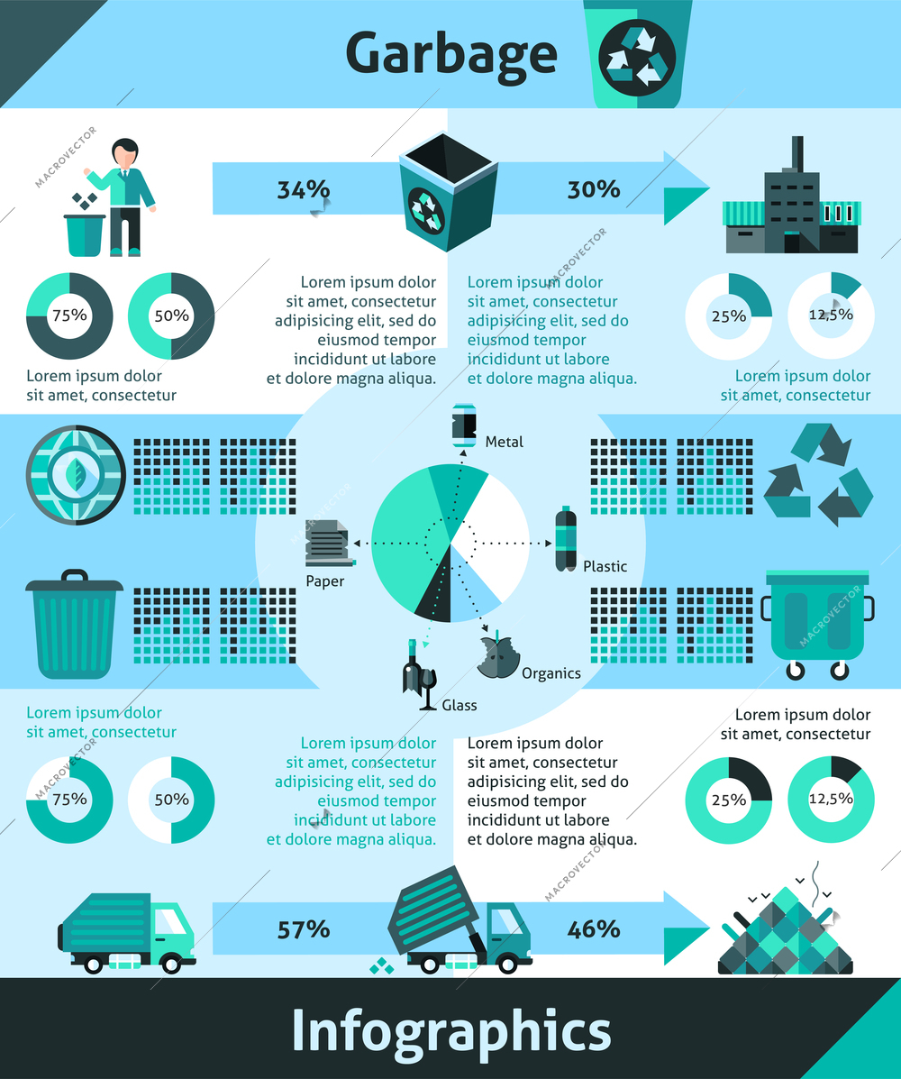 Garbage infographics set with cleaning and recycling symbols and charts vector illustration