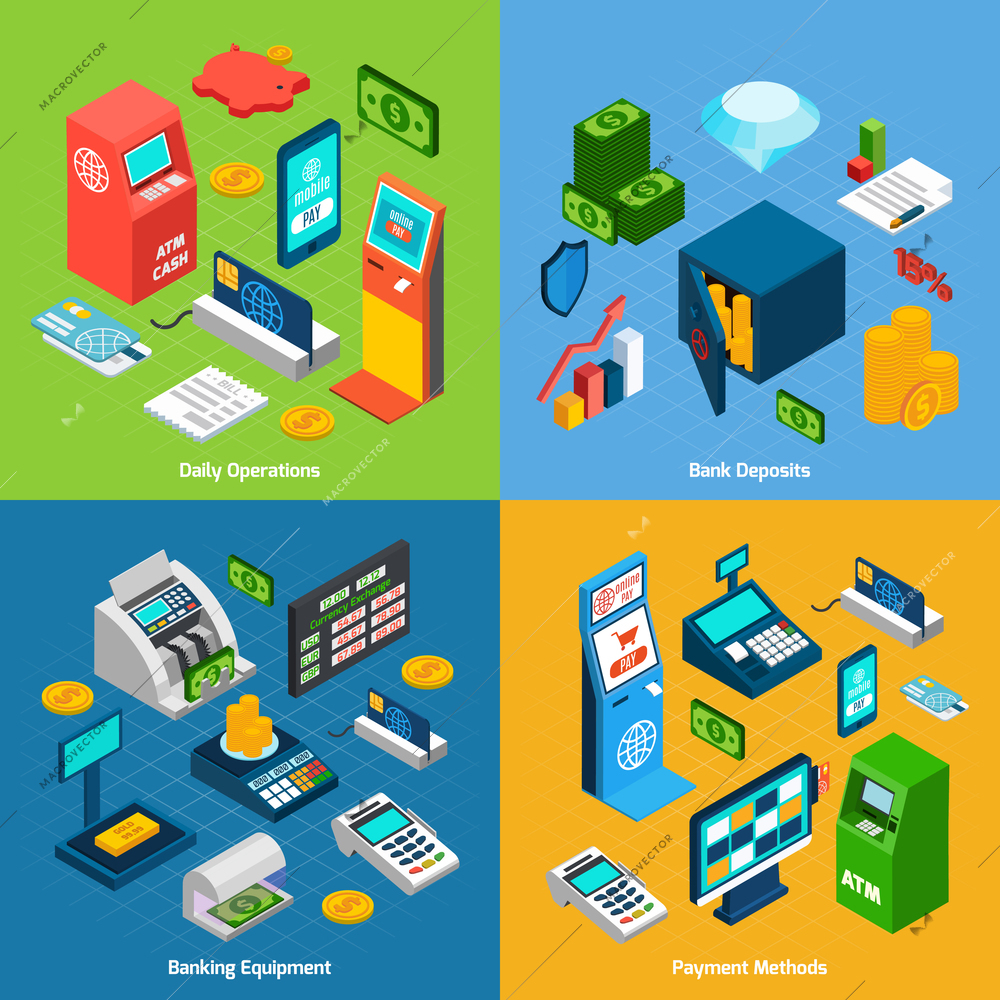 Banking design concept set with daily operations deposits equipment payment methods isometric icons isolated vector illustration